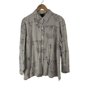 Ecologie Shirt Womens 2X 100% Linen Button Up Beige Artsy Safari Art to Wear Top